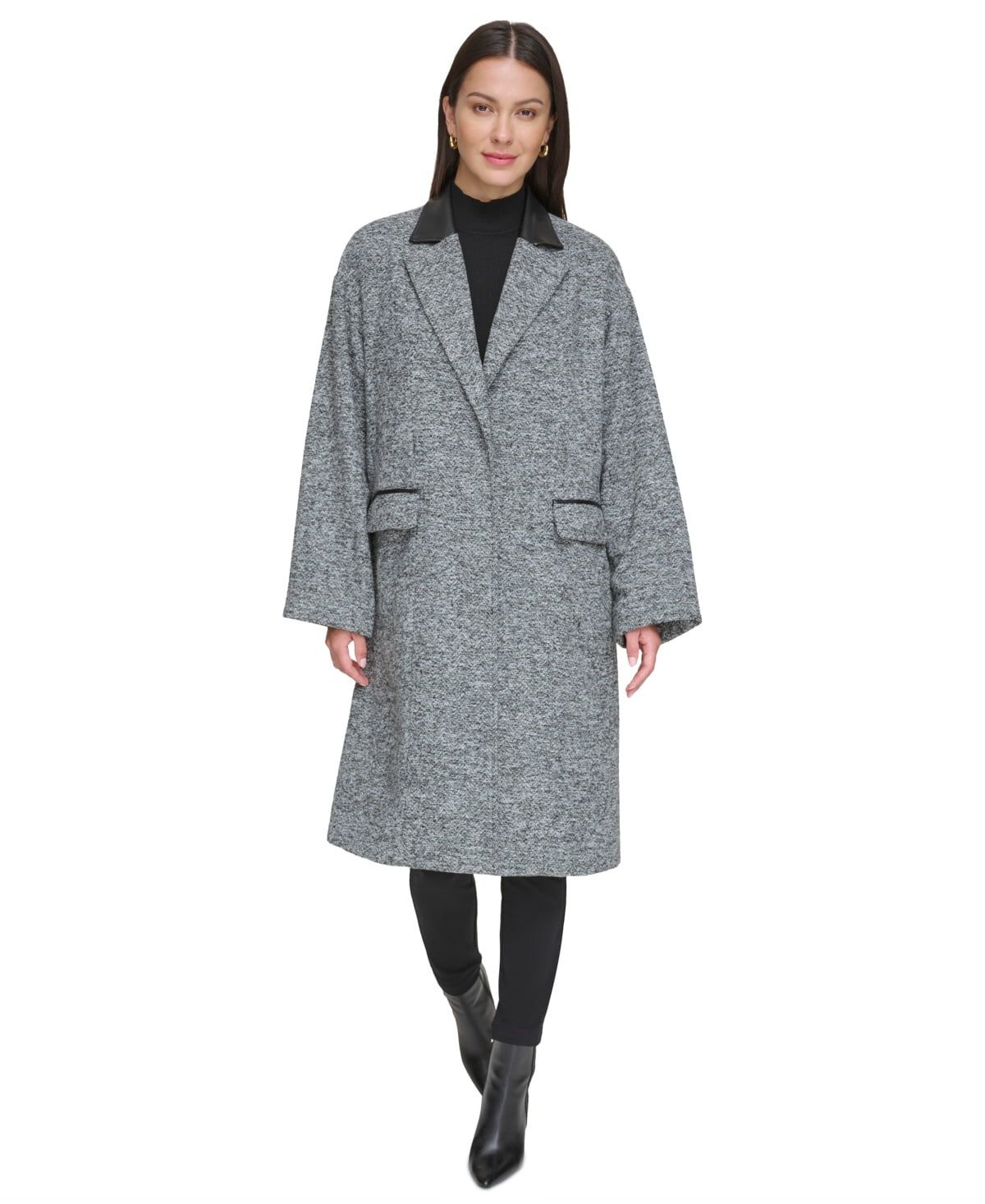 Dkny Women&#39;s Faux-Leather Trim Long-Sleeve Trench Coat - Black Multi