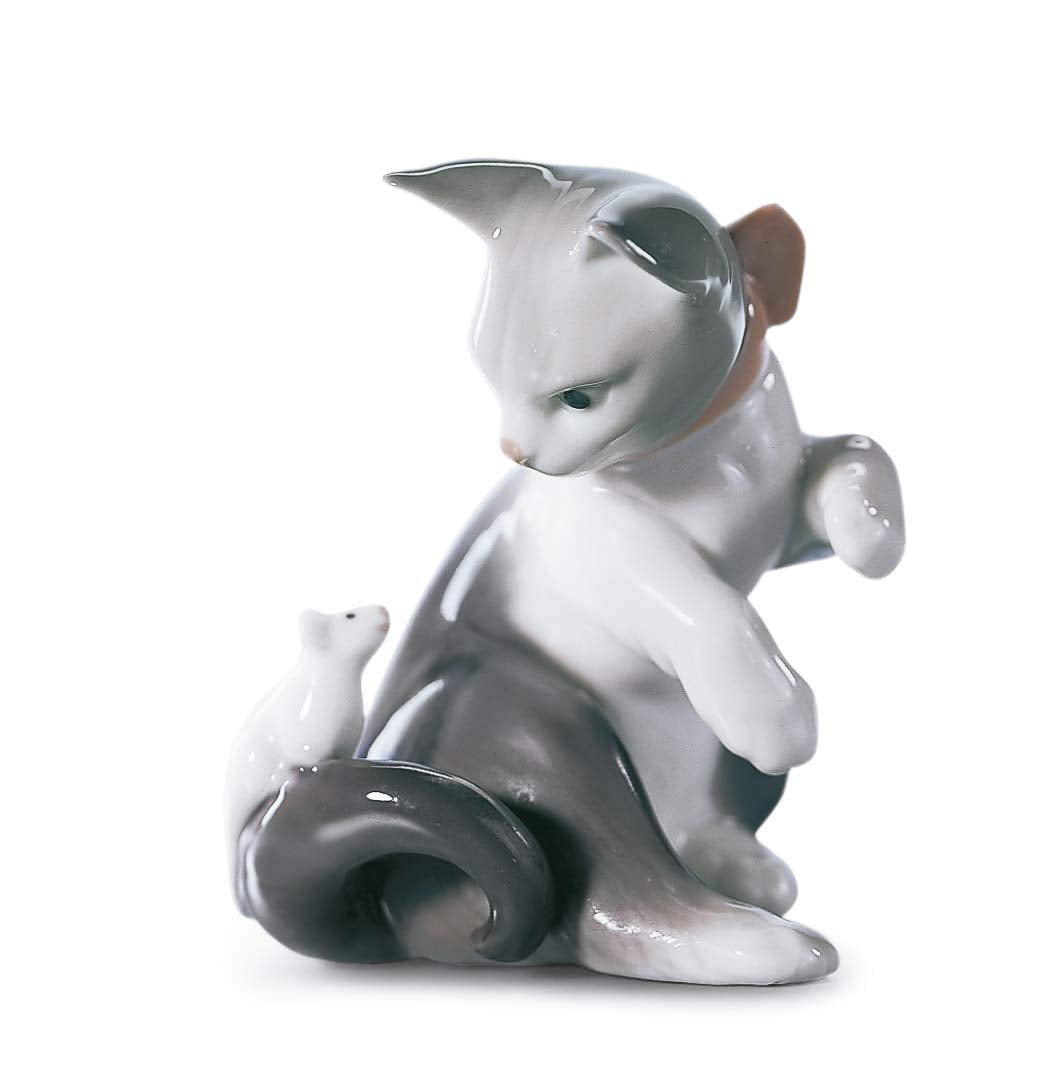 LLADRÓ Glossy Porcelain Figure Cat and Mouse in White and Gray. Decorative Ki... - Picture 2 of 2