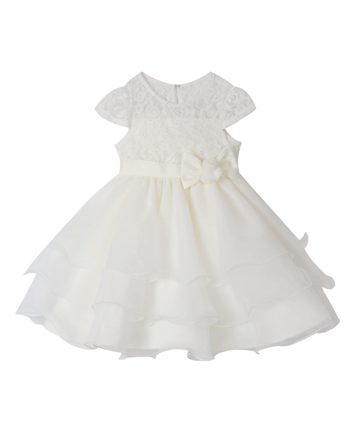 Rare Editions Baby Girls Cap Sleeved Dress with Lace Top and Bow - White