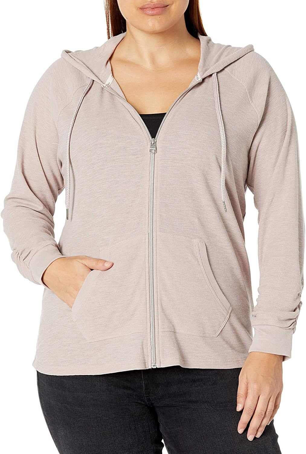 Calvin Klein Womens Premium Performance Ruched Long Sleeve Zip Up Hoodie Standard and Plus Plus 2X Evening Sand