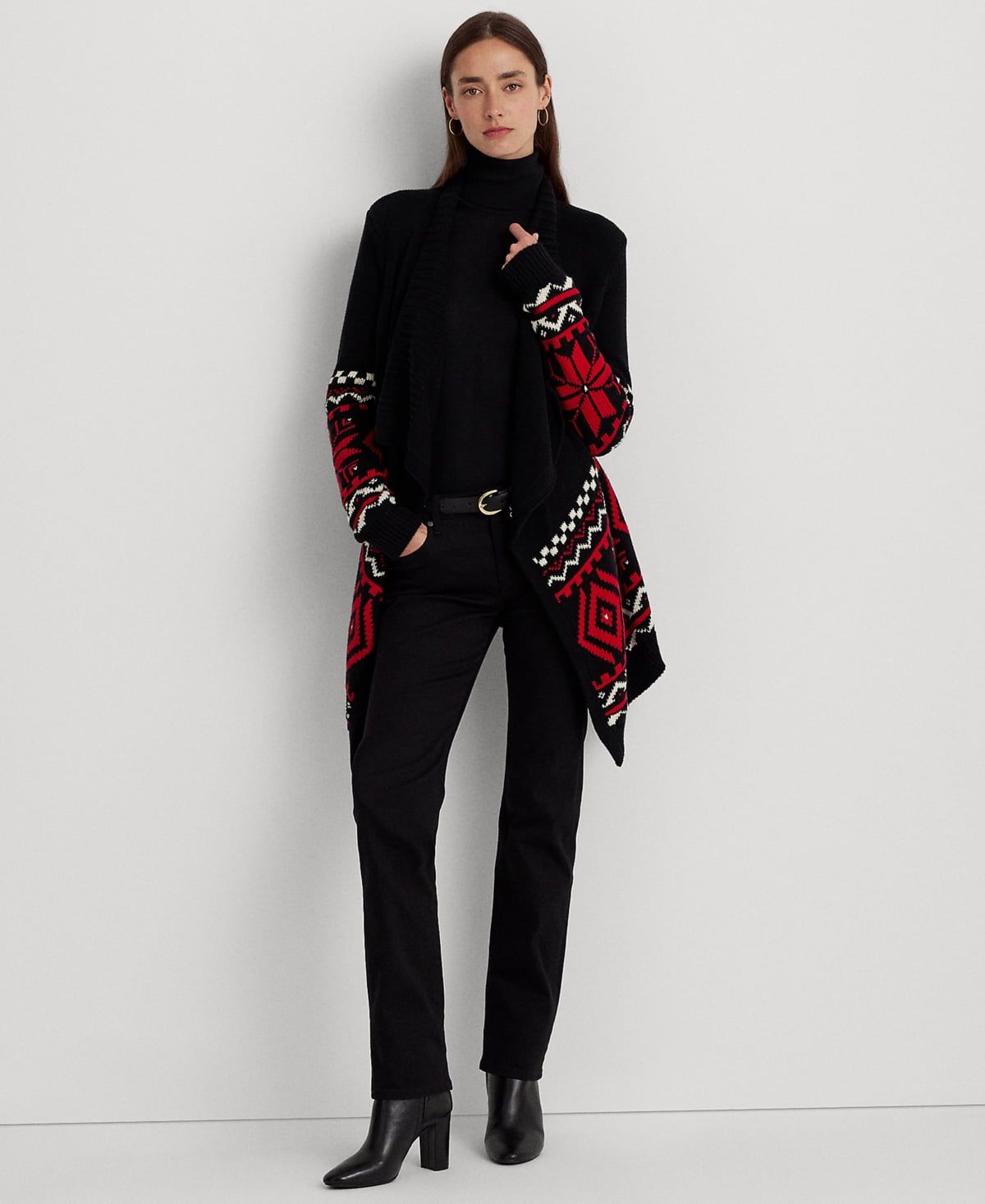LAUREN Ralph Lauren Fair Isle Shawl-Collar Cardigan (Black/Red/Cream) Women&#39;s