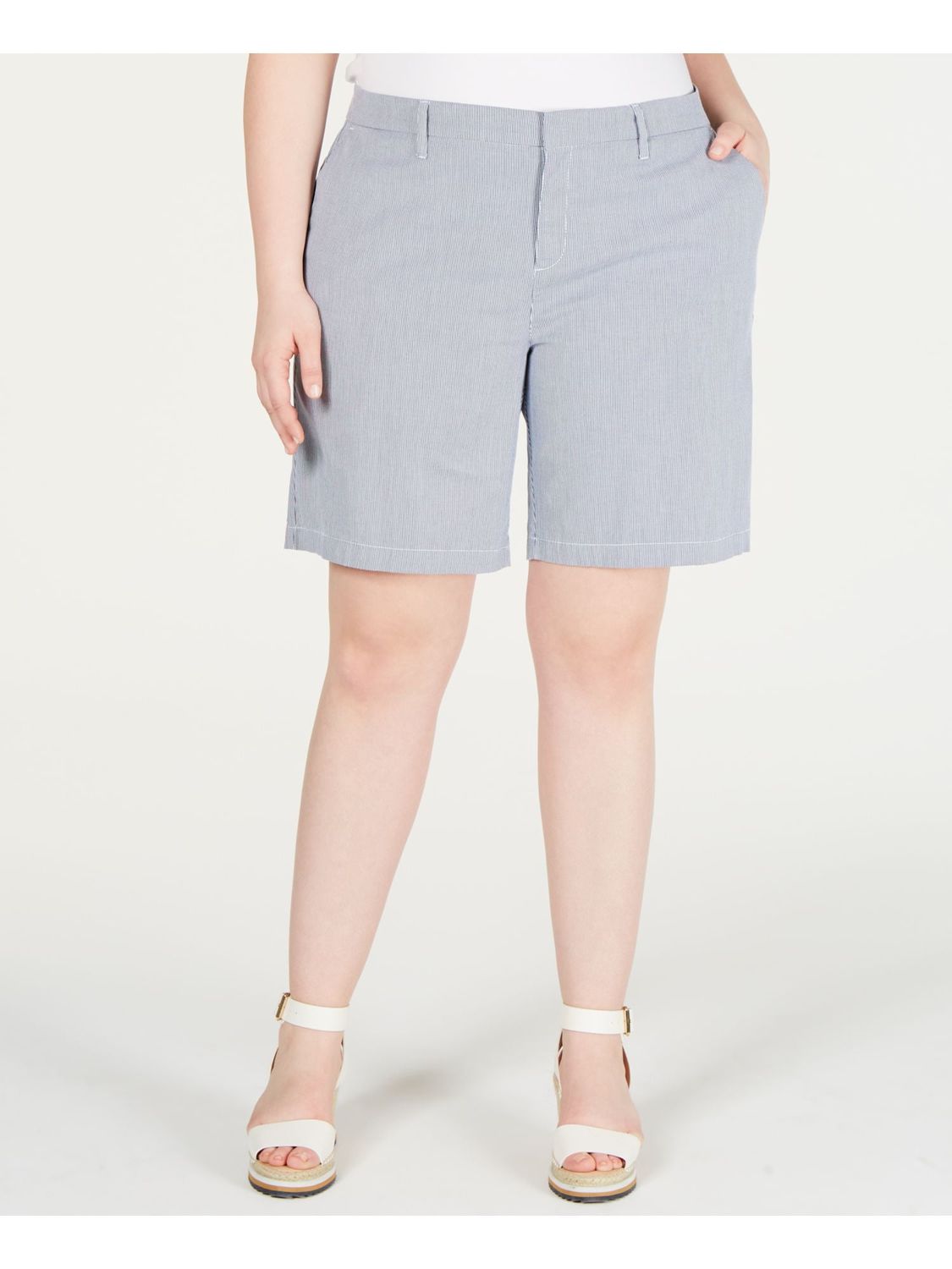 TOMMY HILFIGER Womens Blue Pocketed Hook &amp; Bar Chino Pinstripe Shorts Plus 24W