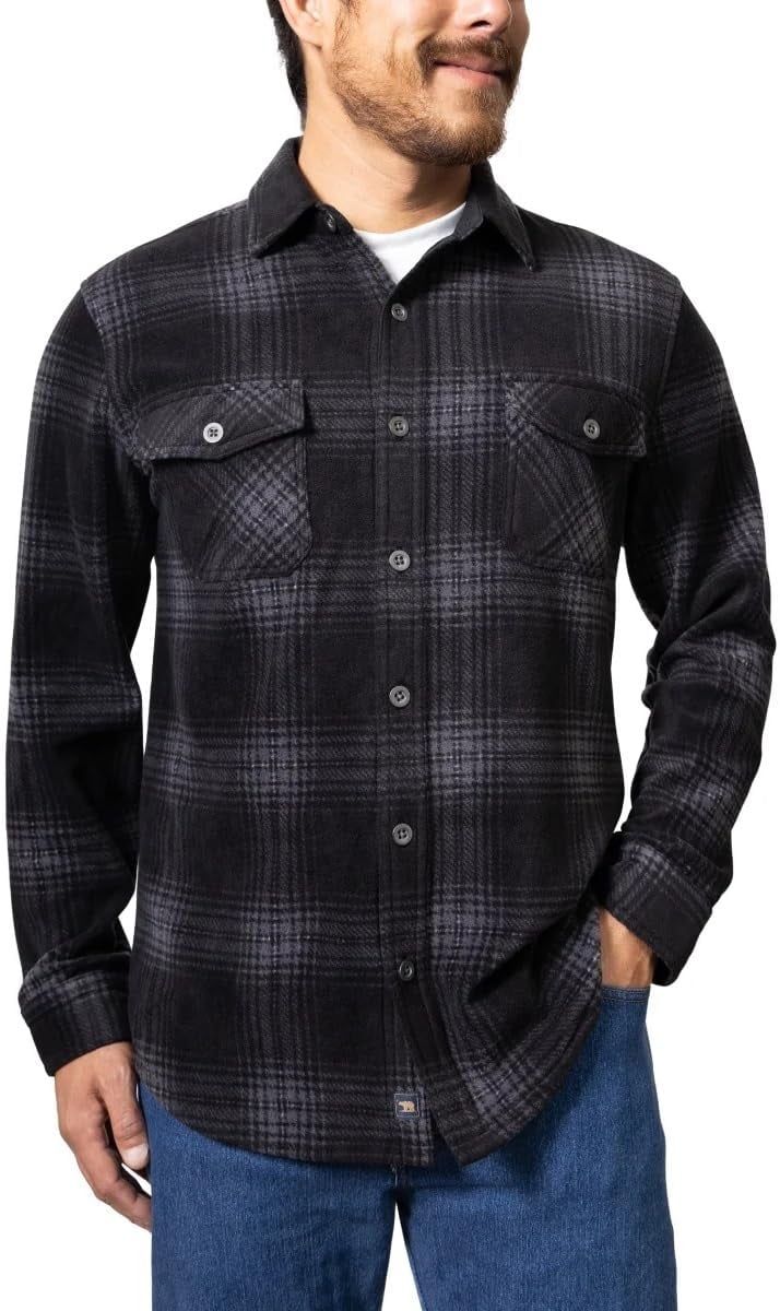 Freedom Foundry Mens Lightweight Plush Plaid Fleece Shirt (US, Alpha, X-Large, Regular, Regular, Black/Grey)