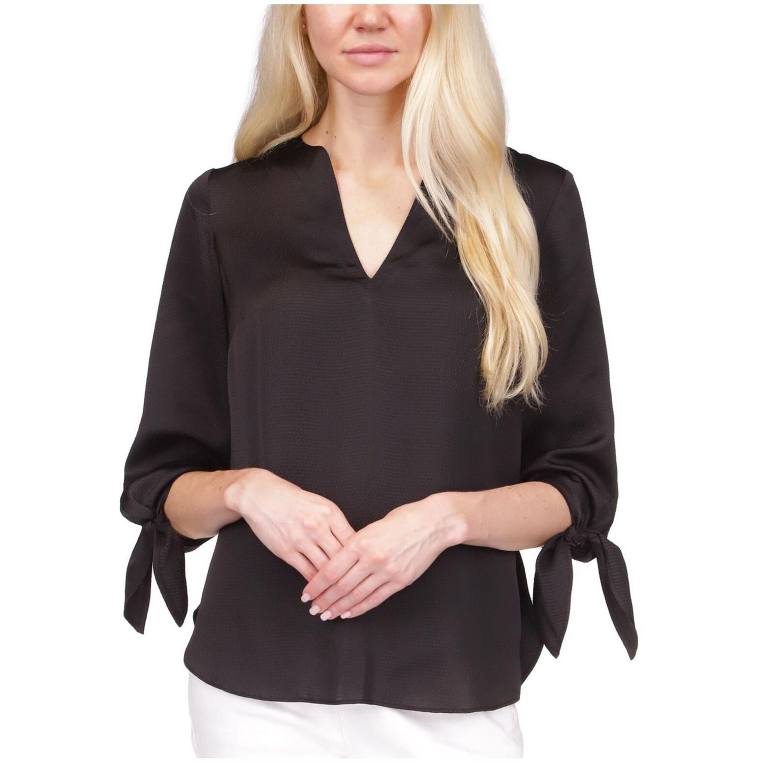 Michael Kors Womens Satin Tie Tunic Blouse, Black, Petite, PS