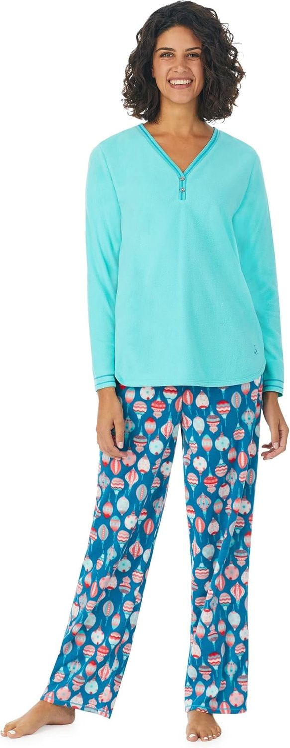 Cuddl Duds Women&#39;s 2-Pc. Fleece Long-Sleeve Printed Pajamas Set Teal Print, X-Large