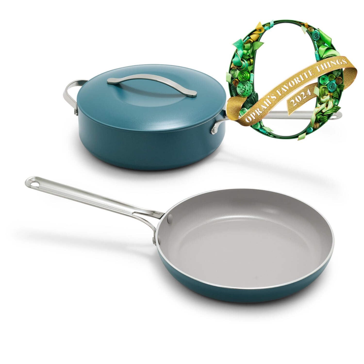 Nova 3-Piece Diamond Infused PFAS-Free Ceramic Nonstick 10 in. Fry Pan and 4.37 Qt. Saute Pan Set with Lid in Deep Teal