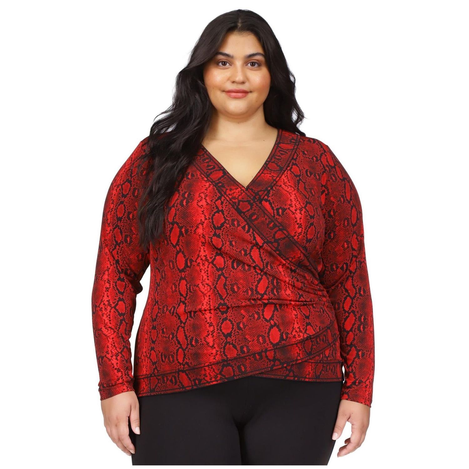 Michael Kors Womens Snakeskin Print Crossover Wrap Pullover Blouse, Red, Plus Size, 0X