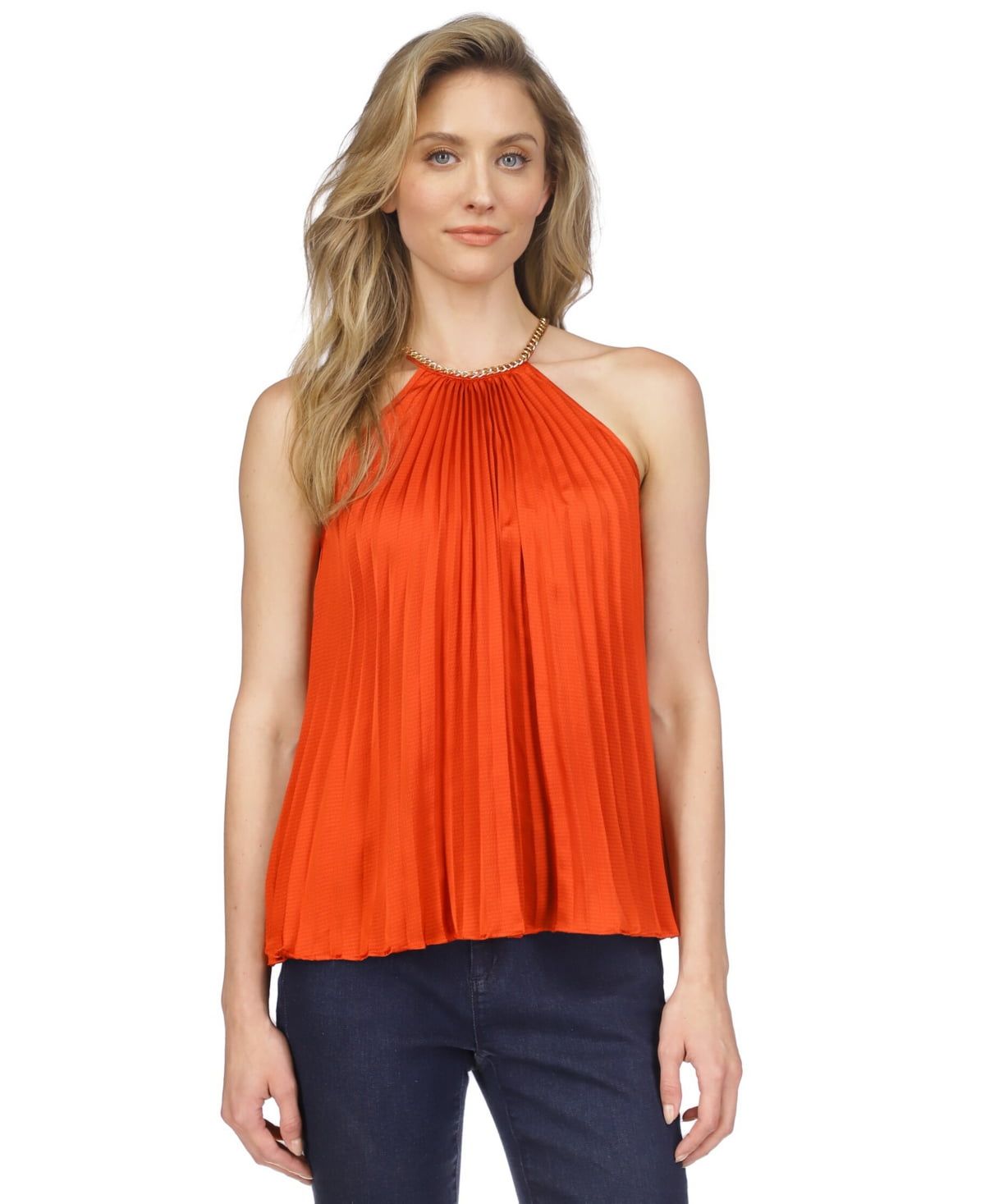 Michael Kors Women’s Pleated Chain Sleeveless Top – Bright Terracotta, Large