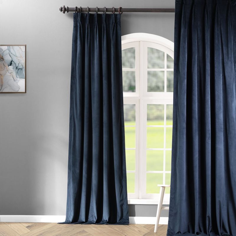 Midnight Blue Velvet Pinch Pleat Blackout Curtain - 25 in. W X 108 in. L (1 Panel)