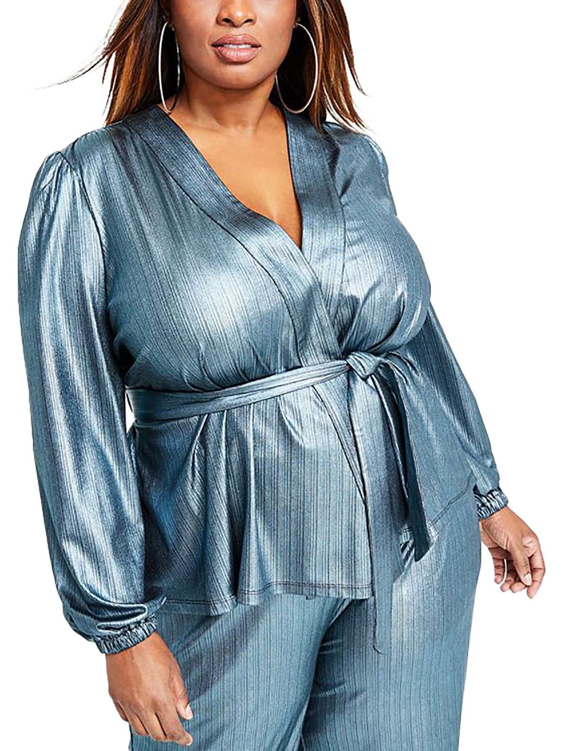 Nina Parker Womens Plus Metallic Belted Wrap Top
