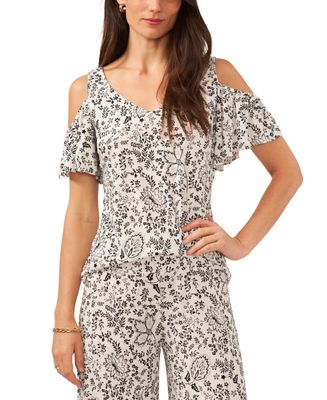 Vince Camuto Women&#39;s Printed Cold-Shoulder Flutter-Sleeve Top