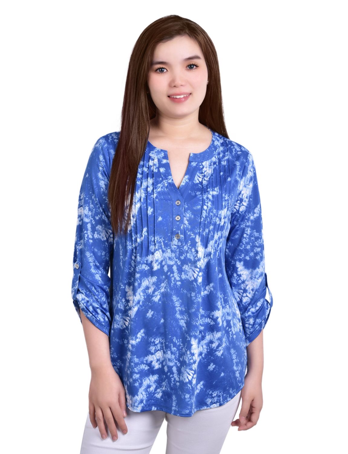 NY Collection Petite Knit Jacquard 3/4 Sleeve Roll Tab Top