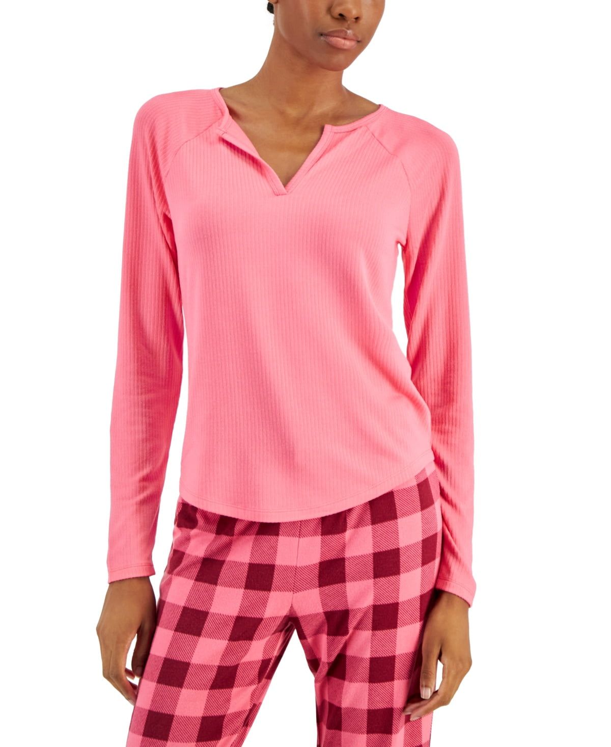 Jenni Womens Split-Neck Pajama Top Prism Pink L