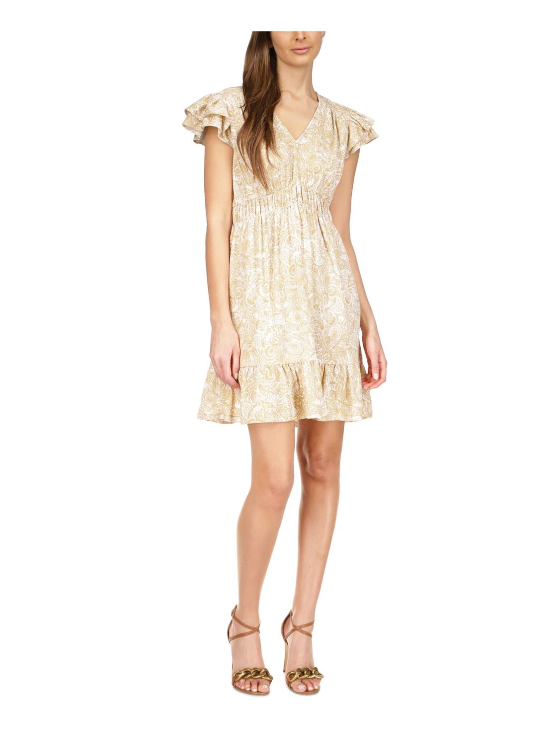 MICHAEL MICHAEL KORS Womens Beige Paisley Flutter Sleeve V Neck Short Fit + Flare Dress L