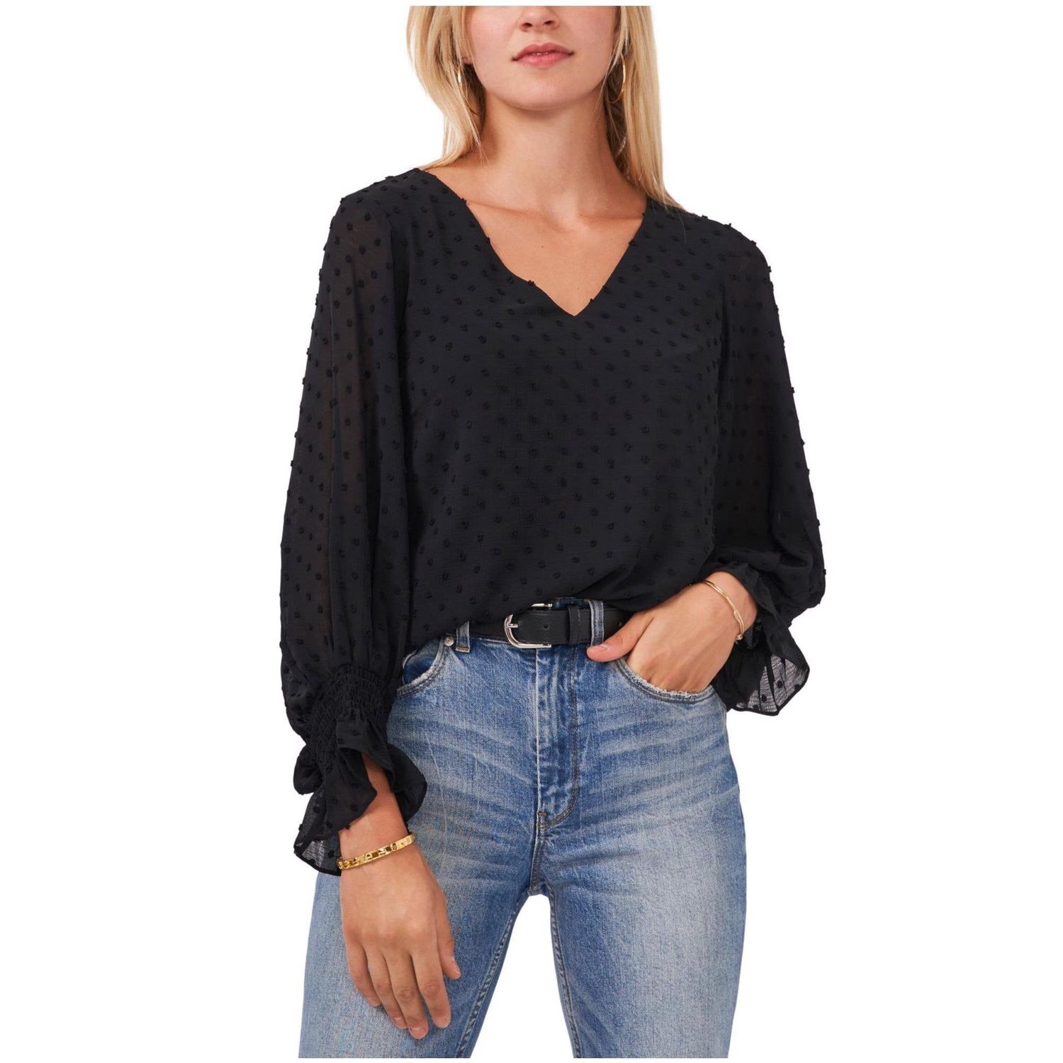 Vince Camuto Womens Clip Dot Smocked Cuff Ruffled Blouse, Black, X-Small