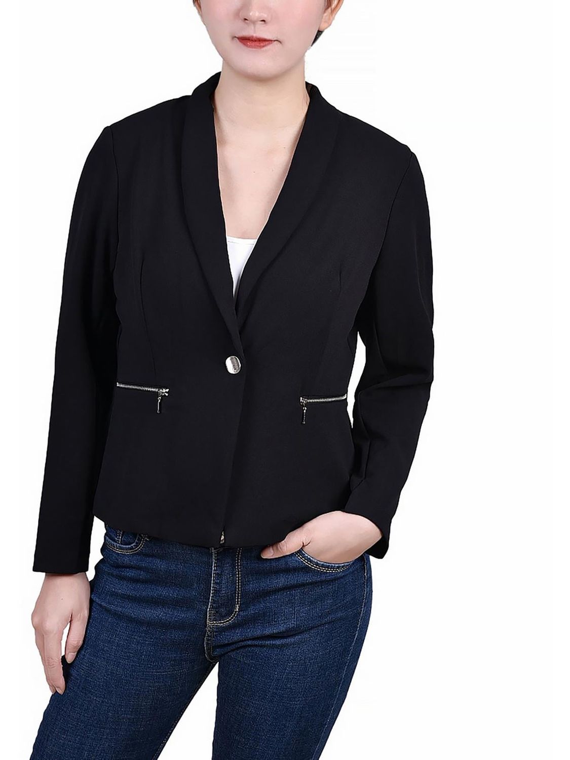 NY Collection Womens Petite Cropped Long Sleeve Crepe Jacket