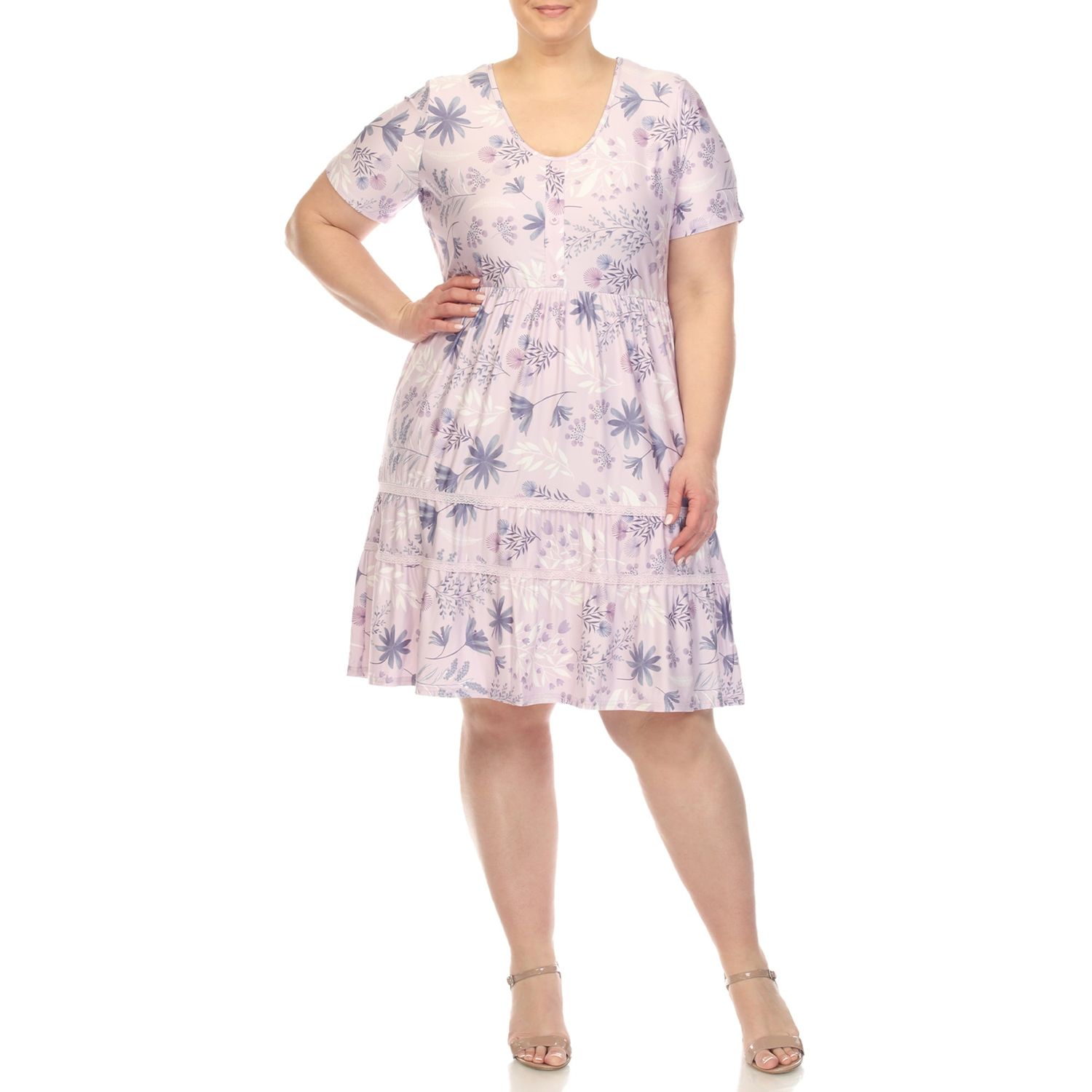 White Mark Women&#39;s Plus Size Floral Short Sleeve Knee Length Dress - Purple - 2X
