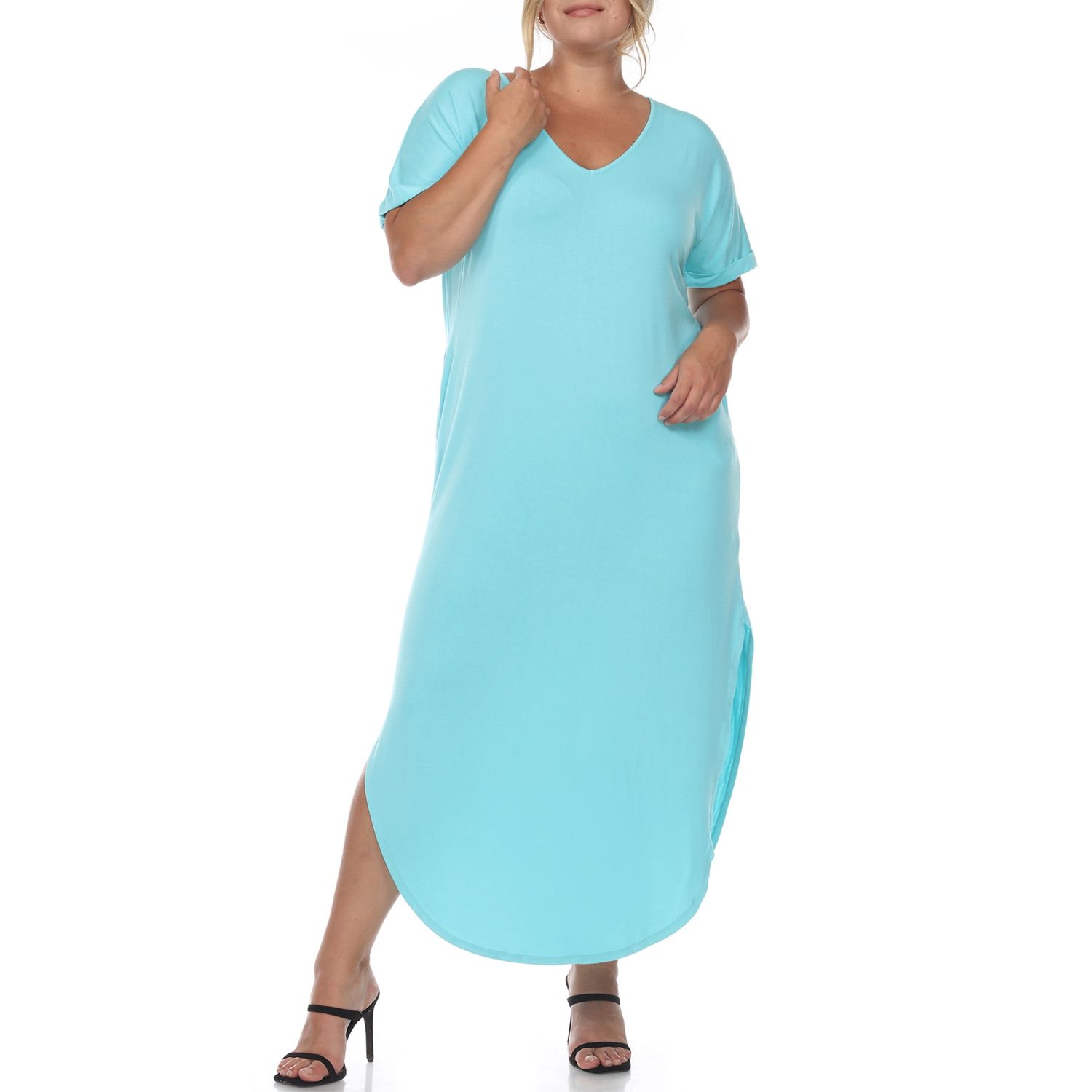 White Mark Plus Size Short Sleeve V-Neck Maxi Dress - Blue - 1X