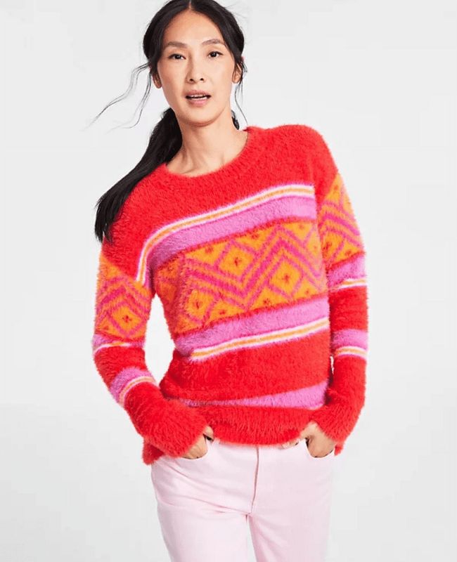 Holiday Lane Women's Fair Isle Long-Sleeve Sweater- Bright Ruby Combo