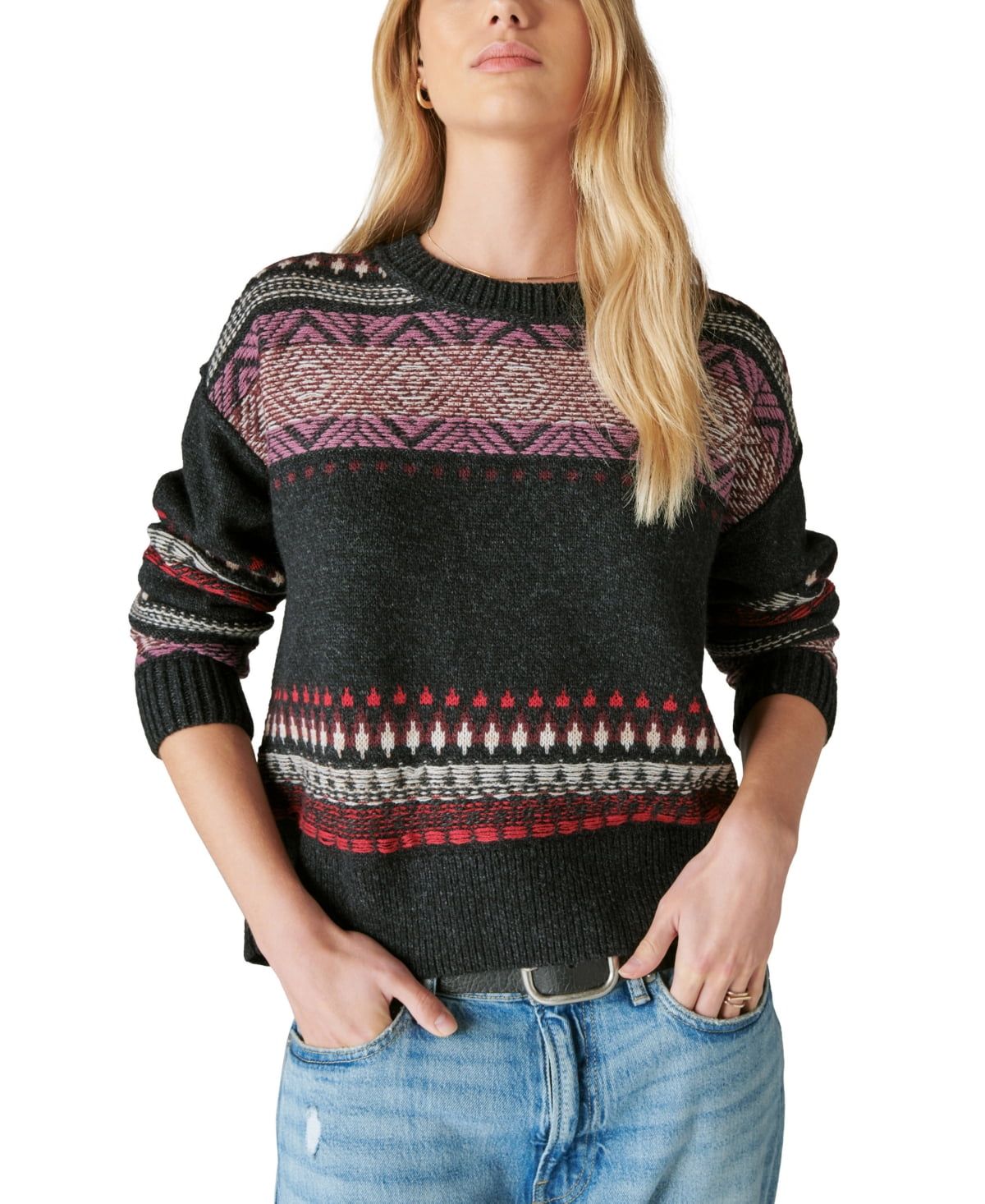 Lucky Brand Women’s Fair Isle Crewneck Sweater – Black Combo, XX-Large