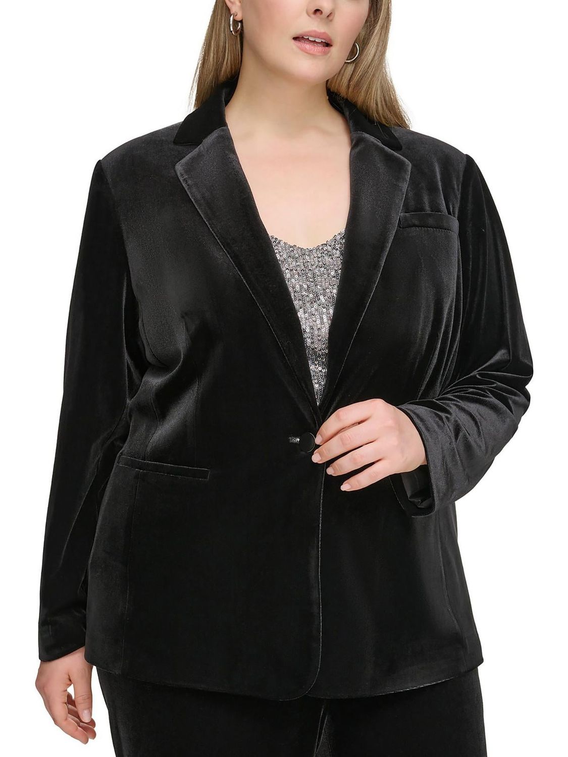 Calvin Klein Womens Plus Velvet Dressy One-Button Blazer