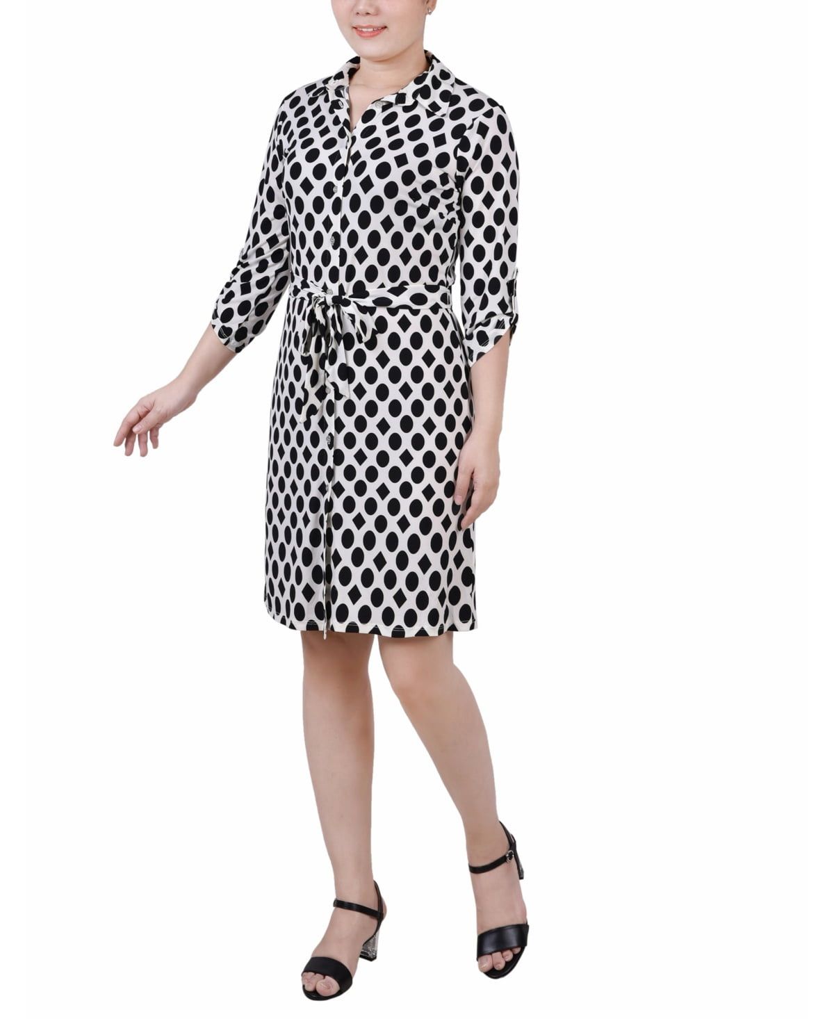Ny Collection Petite 3/4-Sleeve Printed Shirt Dress - Circles and Diamonds