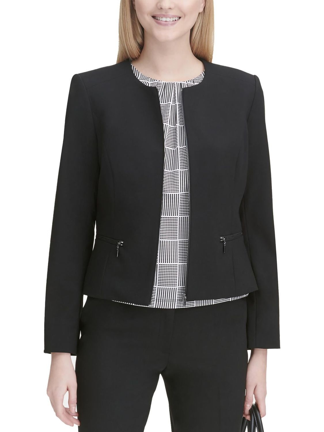 Calvin Klein Womens Collarless Zip Front Collarless Blazer