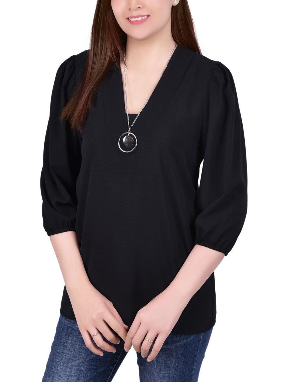 Petites Womens Knit V-Neck Blouse