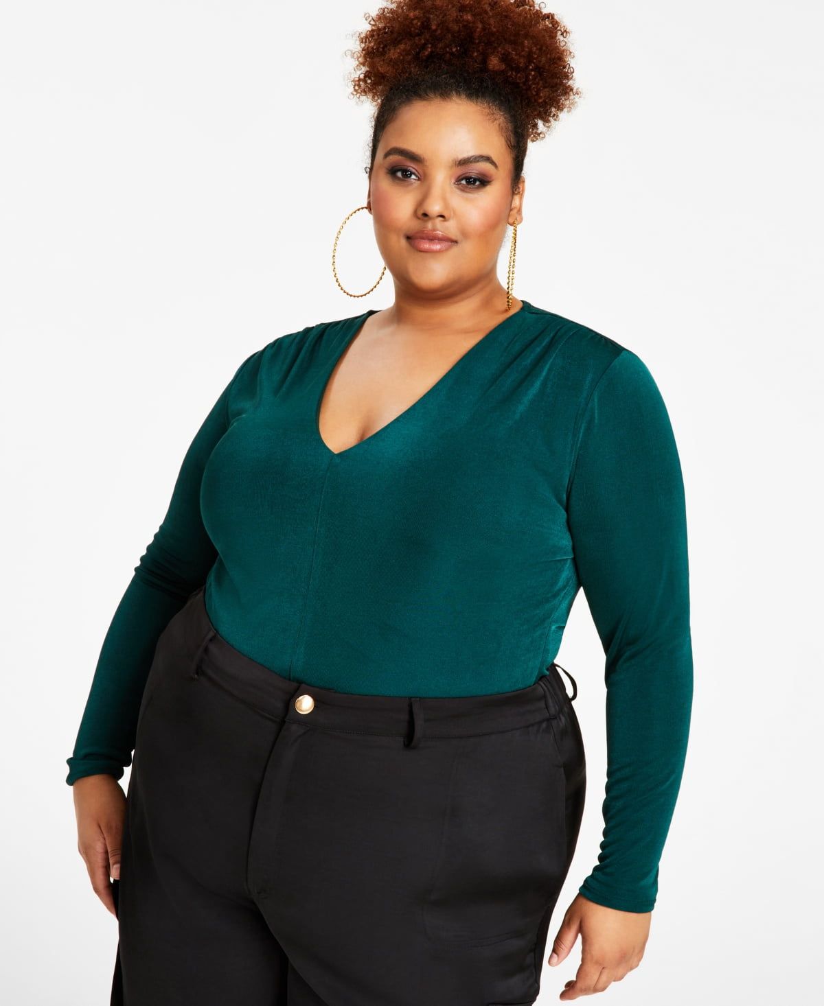 Nina Parker Trendy Plus Size V-Neck Long-Sleeve Top - Ponderosa Pine