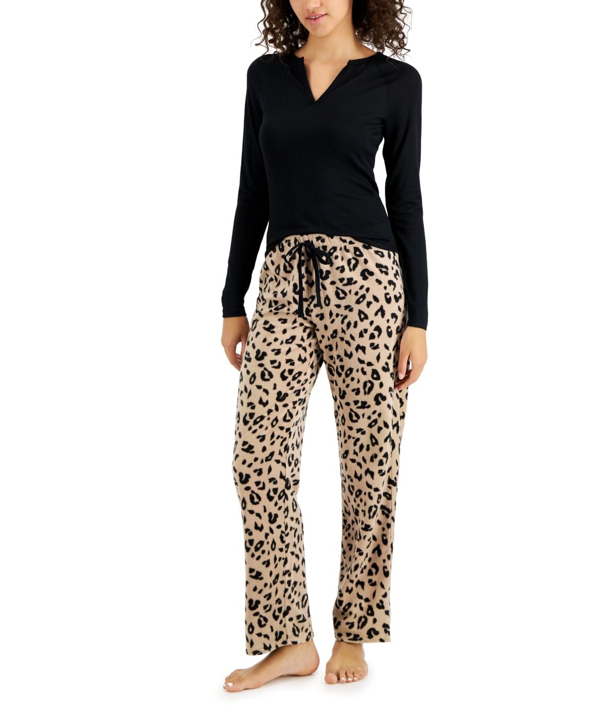 Jenni Womens Split-Neck Pajama Top Deep Black L