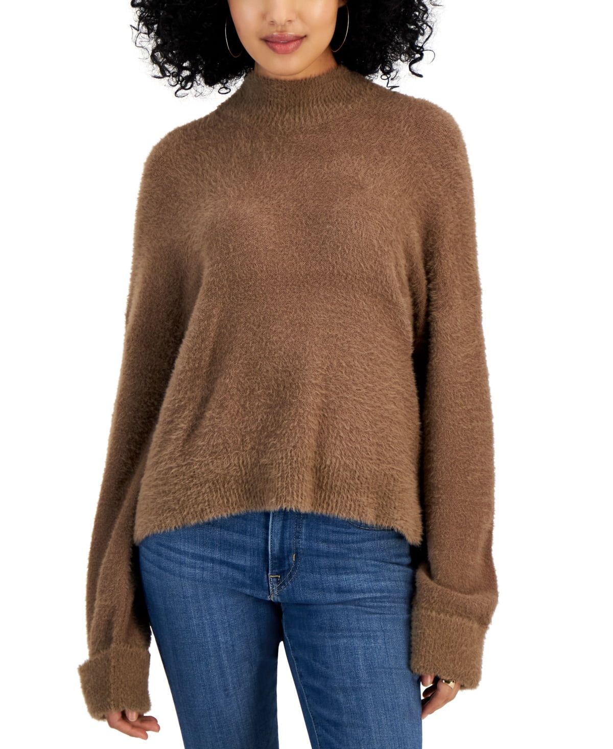 Hippie Rose Juniors&#39; Eyelash Mock-Neck Cuffed Sweater - Coco Ash