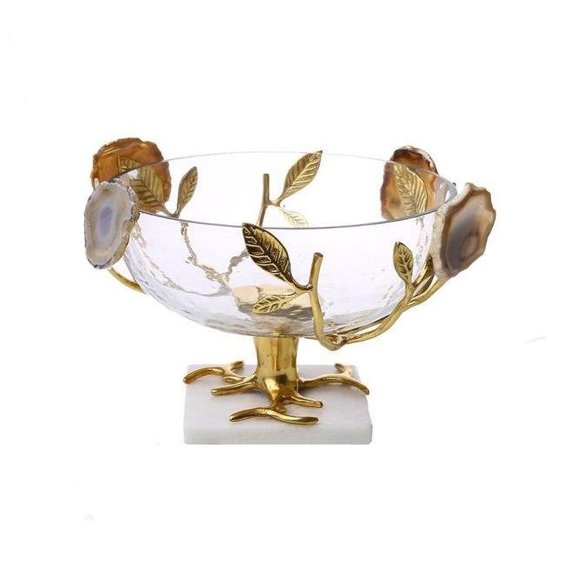 Classic Touch Glass Bowl with Leaf and Agate Stone Design - Gold