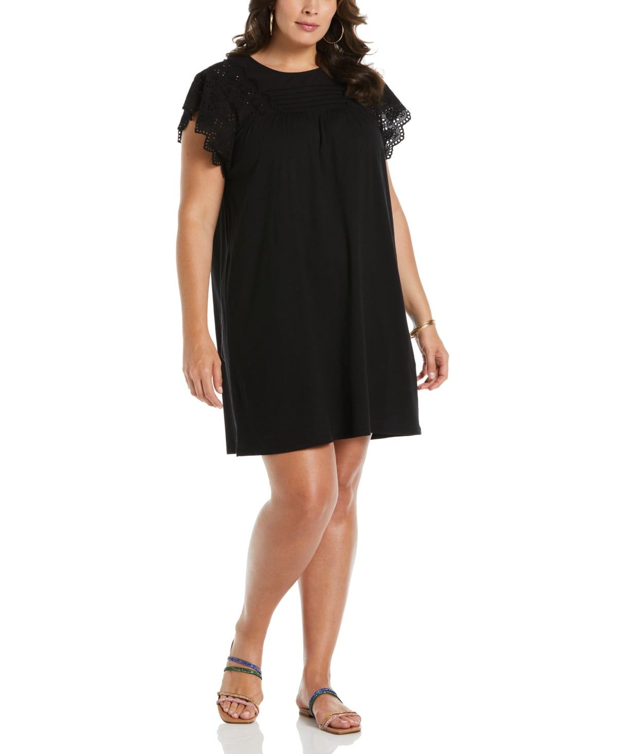 Ella Rafaella Plus Size Knit Eyelet Short Sleeve Tee Shirt Dress - Black