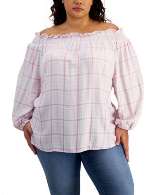 Tommy Hilfiger Womens Plus Plaid Off-The-Shoulder Pullover Top.