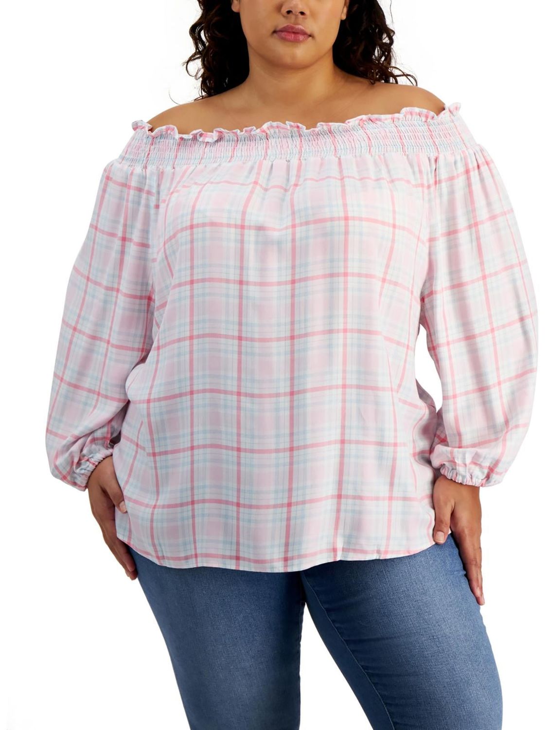 Tommy Hilfiger Womens Plus Plaid Off-The-Shoulder Pullover Top.