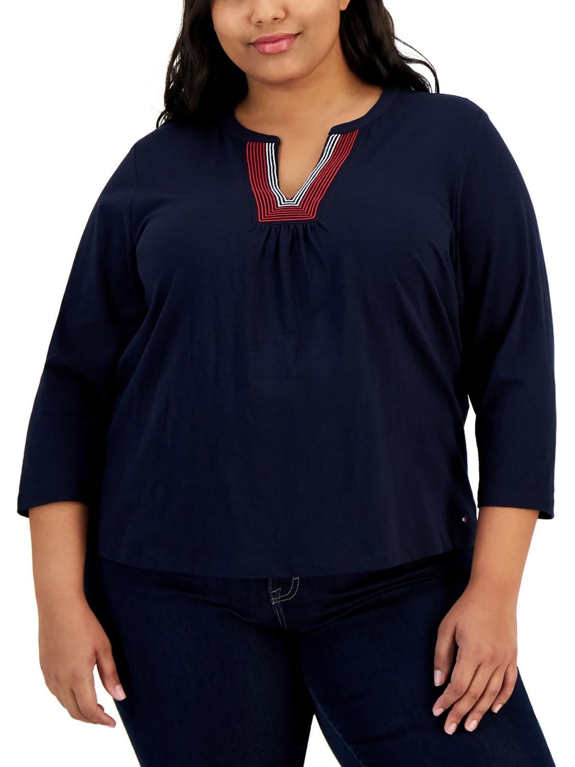 Tommy Hilfiger Womens Plus Split-Neck 3/4 Sleeve Pullover Top