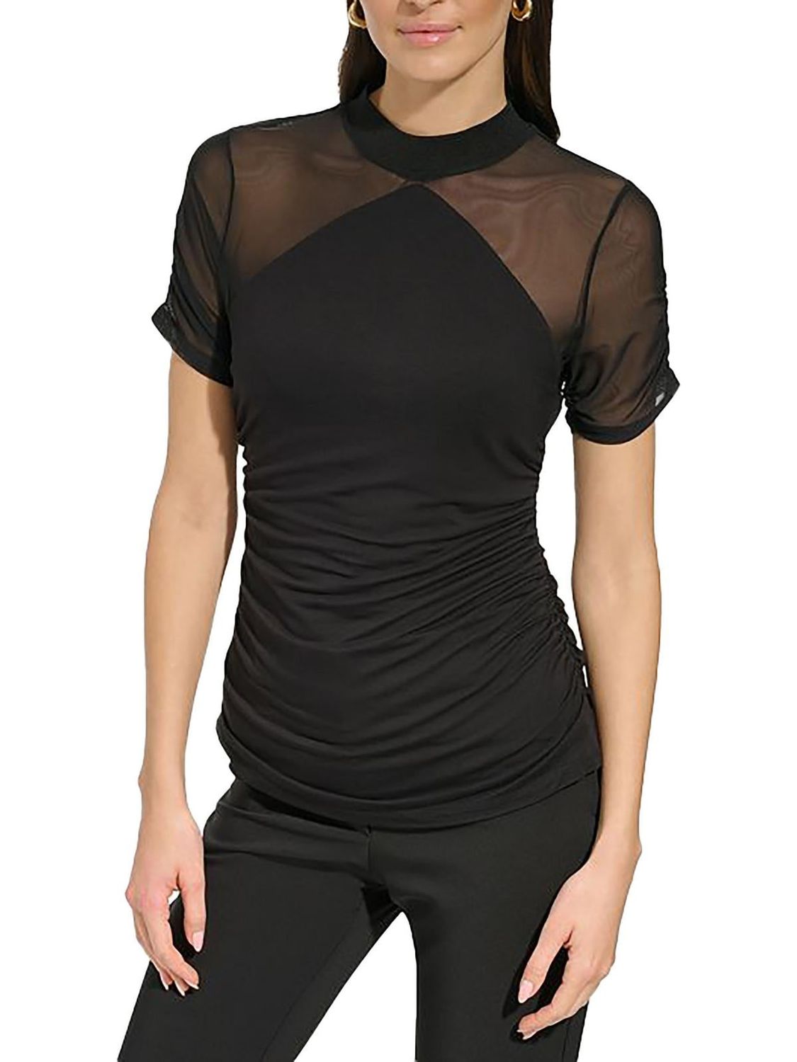 DKNY Womens Mesh-Sleeve Mock Neck Black L