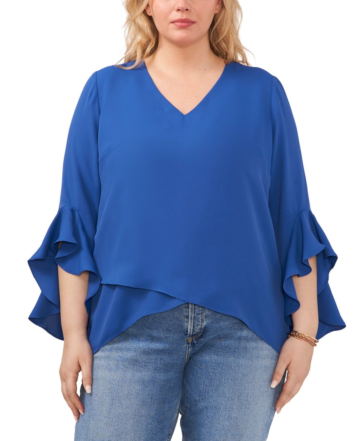 Plus Womens Flutter-Sleeve V-Neck Blouse