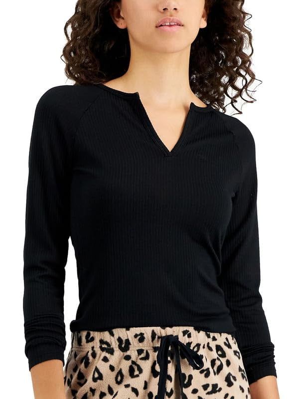 Jenni Womens Split-Neck Pajama Top Deep Black M