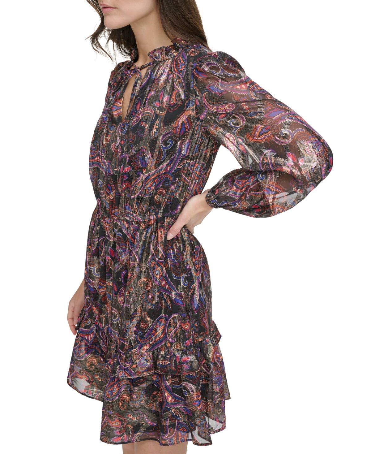 Vince Camuto Printed Chiffon Metallic Fit Flare Dress with Ruffle Details