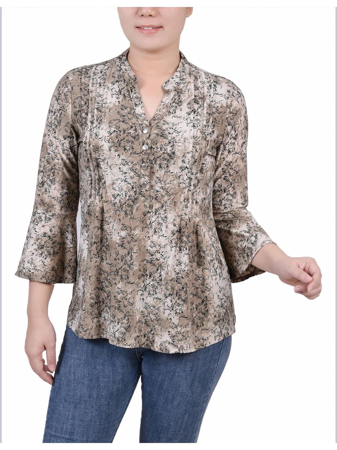 Ny Collection Petite 3/4 Bell Sleeve Printed Pleat Front Y-neck Top - Taupe Etch