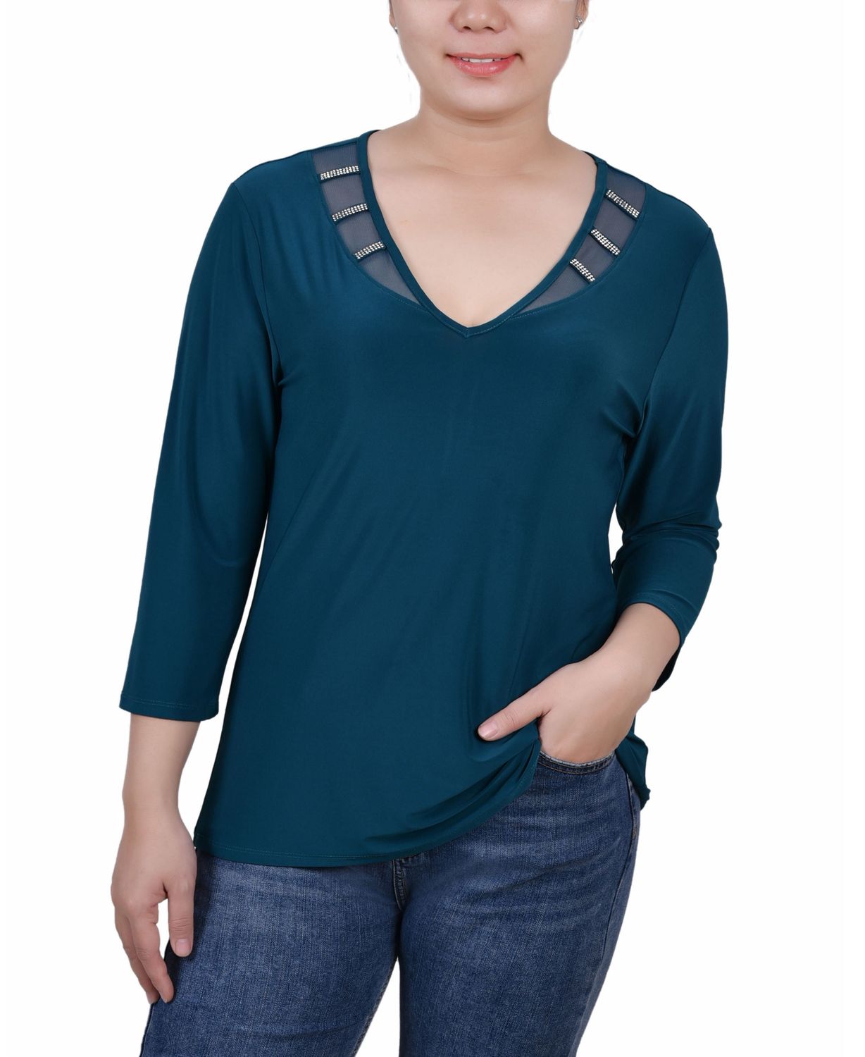 Ny Collection Petite 3/4 Sleeve Top with Illusion Neckline and Stones - Fanfare