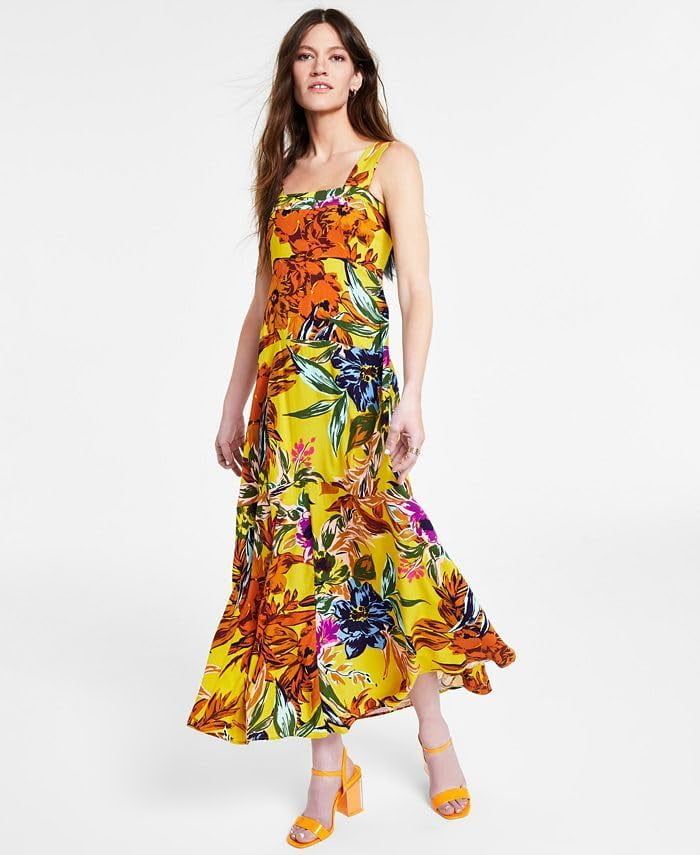 Vince Camuto Women’s Printed Tiered Smocked-Back Challis Maxi Dress, Rust, X-Large