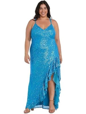 MORGAN &amp; CO Womens Turquoise Zippered Ruffled High-slit Crisscross Open Back Spaghetti Strap V Neck Full-Length Formal Gown Dress Juniors 20W