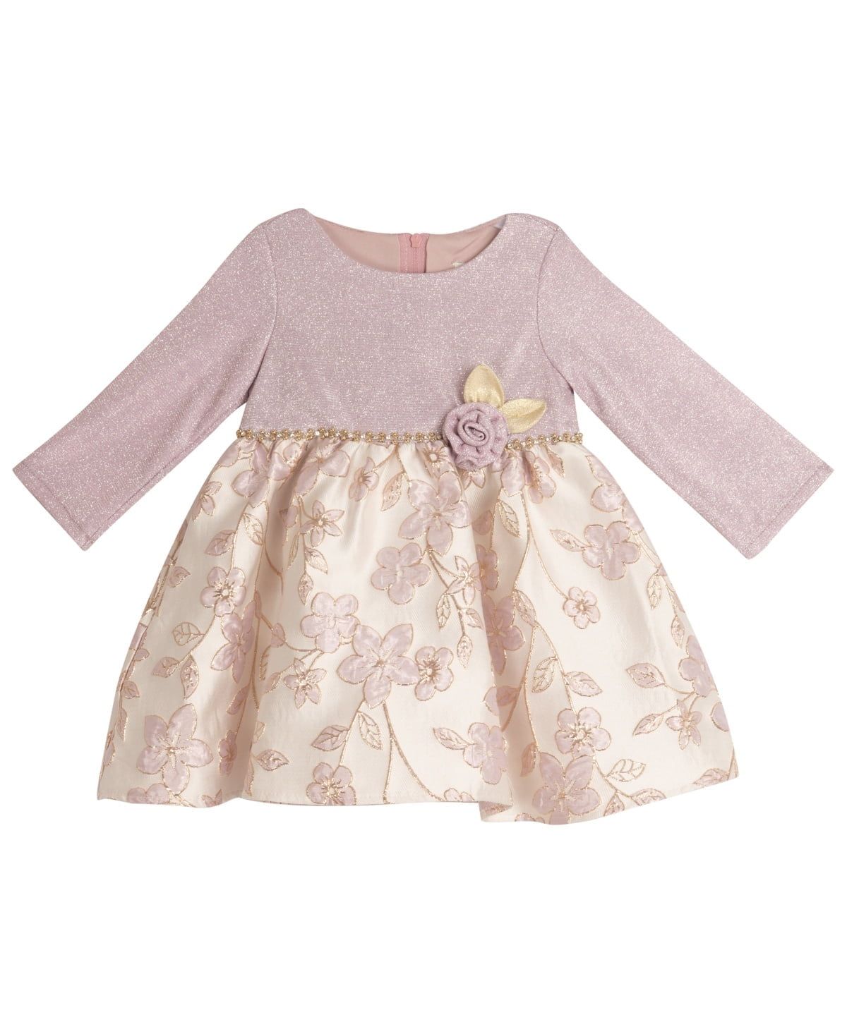 Rare Editions Baby Girls Long Sleeved Dress with Floral Jacquard Skirt - Mauve