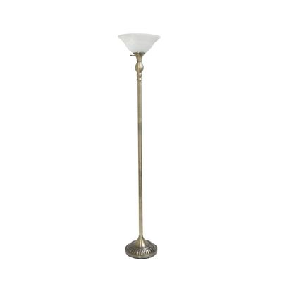 71 in. 1-Light Antique Brass Torchiere Floor Lamp with Marbleized White Glass Shade