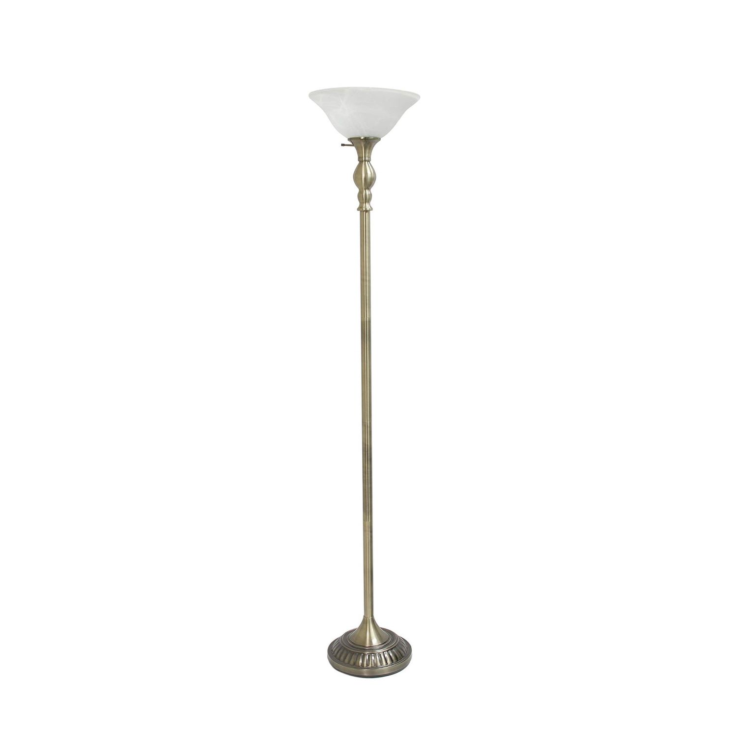 71 in. 1-Light Antique Brass Torchiere Floor Lamp with Marbleized White Glass Shade