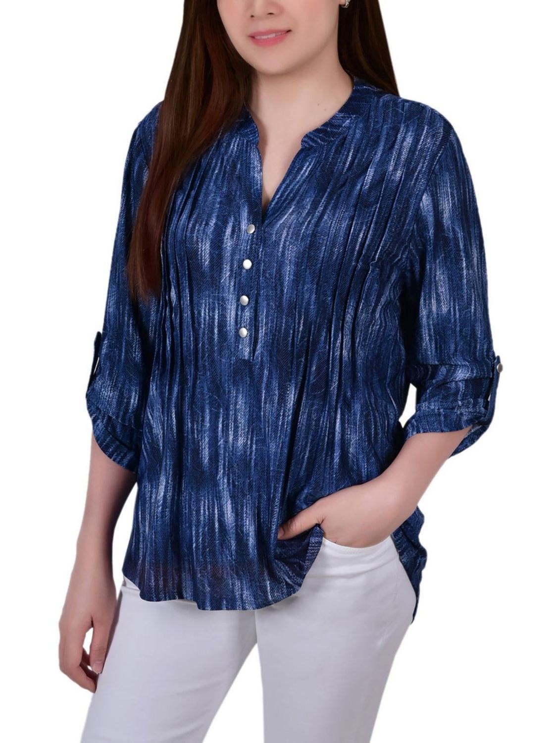 Women&#39;s 3/4 Roll Tab Sleeve Y-neck Top - Blue Stripe