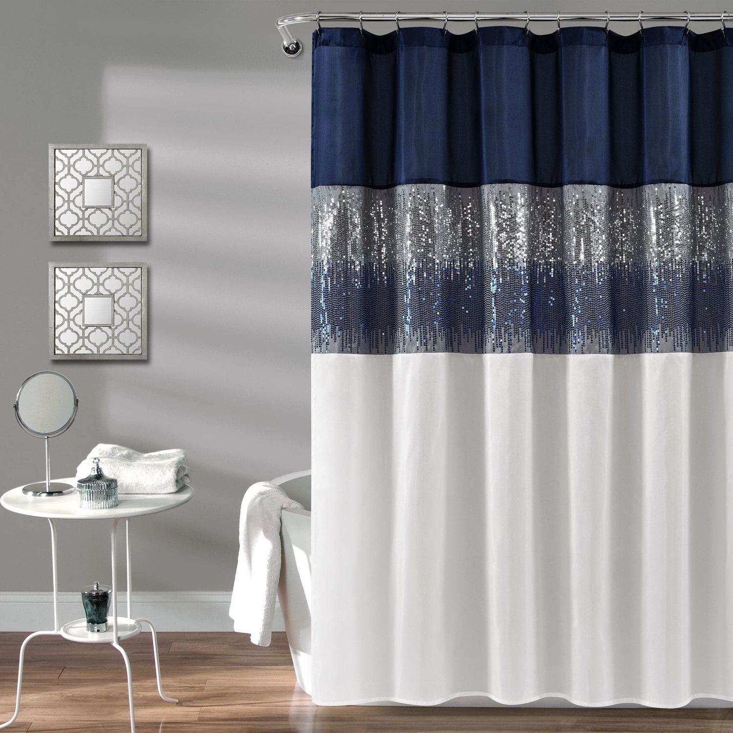 Lush Decor Night Sky Sparkling Sequins Stripe Polyester Shower Curtain  Navy/White  72 L X 72 W  Single
