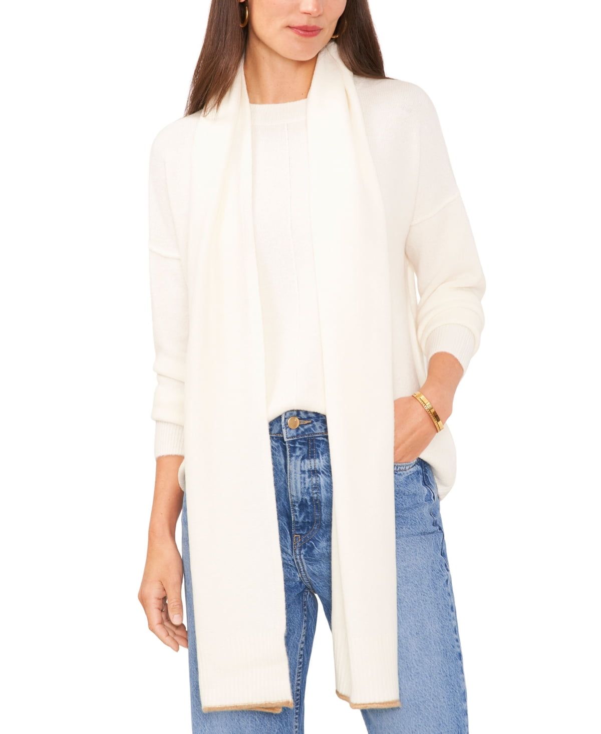 Vince Camuto Women’s Removable Scarf Crewneck Sweater – Antique White, X-Large